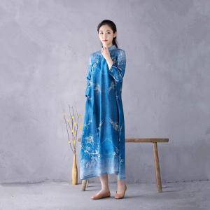 Chinese Collar Folk Patterned Blue Ramie Cheongsam