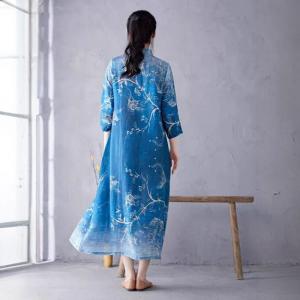 Chinese Collar Folk Patterned Blue Ramie Cheongsam