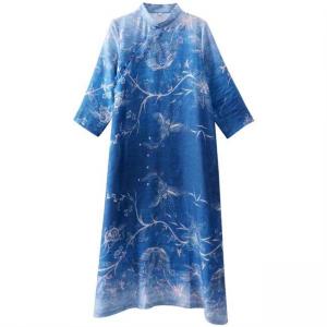 Chinese Collar Folk Patterned Blue Ramie Cheongsam