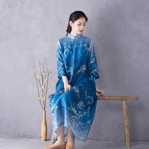 Chinese Collar Folk Patterned Blue Ramie Cheongsam