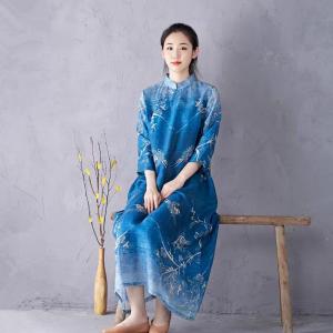 Chinese Collar Folk Patterned Blue Ramie Cheongsam