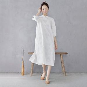 Lantern Sleeves Jacquard White Slit Qipao Dress
