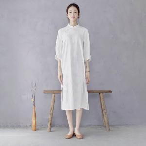 Lantern Sleeves Jacquard White Slit Qipao Dress