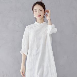 Lantern Sleeves Jacquard White Slit Qipao Dress