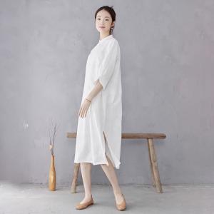 Lantern Sleeves Jacquard White Slit Qipao Dress