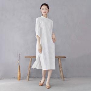 Lantern Sleeves Jacquard White Slit Qipao Dress