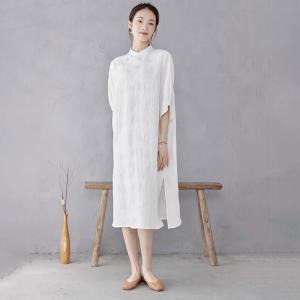 Lantern Sleeves Jacquard White Slit Qipao Dress