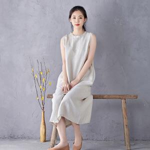 Back Frog Buttons Slit Linen Summer Dress