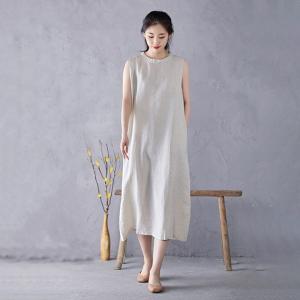 Back Frog Buttons Slit Linen Summer Dress