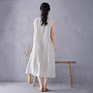 Back Frog Buttons Slit Linen Summer Dress