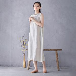 Back Frog Buttons Slit Linen Summer Dress