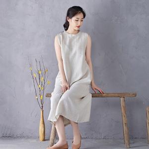 Back Frog Buttons Slit Linen Summer Dress
