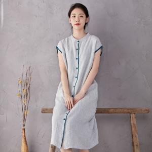 Blue Buttons Summer Linen Pinstriped Dress