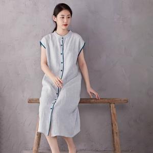 Blue Buttons Summer Linen Pinstriped Dress