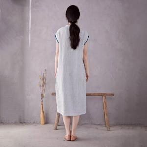 Blue Buttons Summer Linen Pinstriped Dress