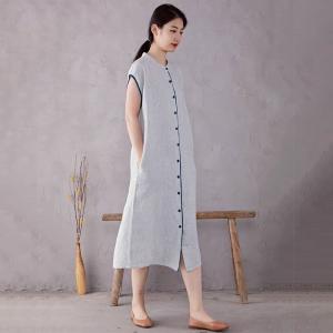 Blue Buttons Summer Linen Pinstriped Dress