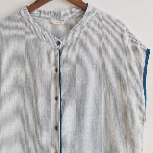Blue Buttons Summer Linen Pinstriped Dress