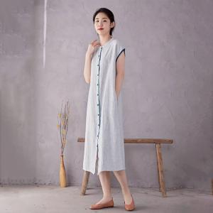 Blue Buttons Summer Linen Pinstriped Dress
