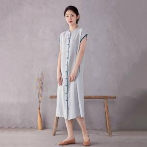 Blue Buttons Summer Linen Pinstriped Dress