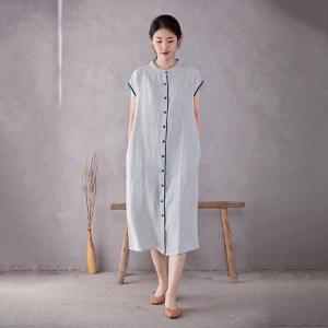 Blue Buttons Summer Linen Pinstriped Dress