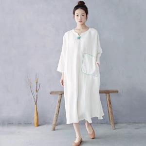 Spring Plus Size White Linen Embroidered Caftan