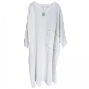 Spring Plus Size White Linen Embroidered Caftan