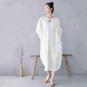 Spring Plus Size White Linen Embroidered Caftan