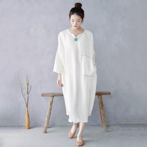 Spring Plus Size White Linen Embroidered Caftan