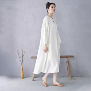 Spring Plus Size White Linen Embroidered Caftan