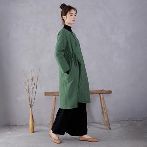Side Belted Ethnic Cotton Linen Quilted Wrap Coat