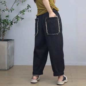 Straight Leg Stone Wash Fringed Pocket Baggy Jeans