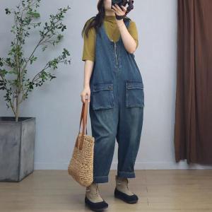 Front Zip U Neck Sleeveless Baggy Overalls