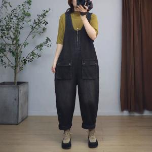 Front Zip U Neck Sleeveless Baggy Overalls