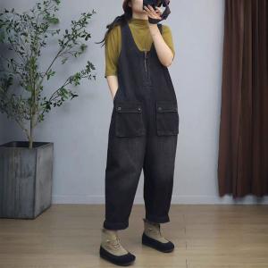 Front Zip U Neck Sleeveless Baggy Overalls
