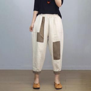 Contrast Color Linen Beige Tapered Pants