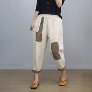 Contrast Color Linen Beige Tapered Pants