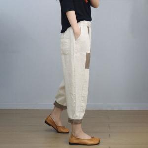 Contrast Color Linen Beige Tapered Pants