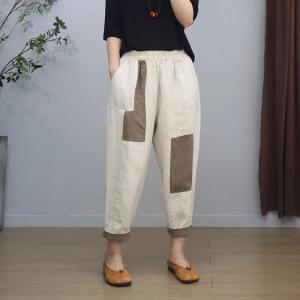 Contrast Color Linen Beige Tapered Pants