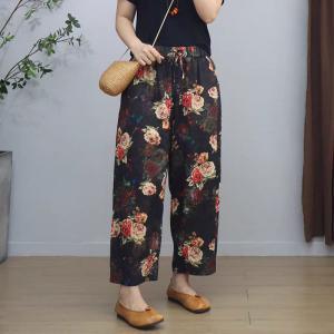 Rose Patterned Black Pull-On Linen Pants