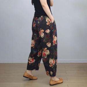 Rose Patterned Black Pull-On Linen Pants