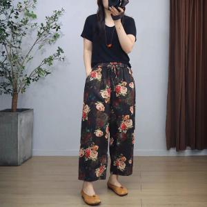 Rose Patterned Black Pull-On Linen Pants