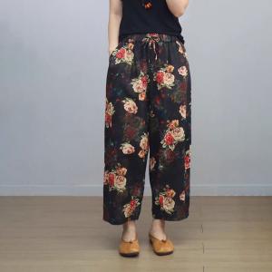Rose Patterned Black Pull-On Linen Pants