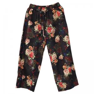 Rose Patterned Black Pull-On Linen Pants