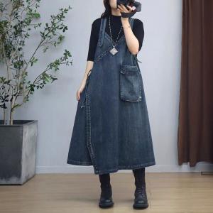 V-Neck Thigh Slits Denim Overall Dress