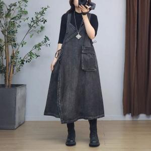 V-Neck Thigh Slits Denim Overall Dress