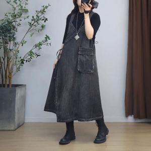 V-Neck Thigh Slits Denim Overall Dress