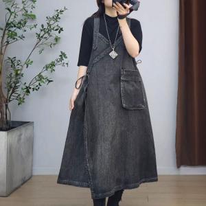 V-Neck Thigh Slits Denim Overall Dress