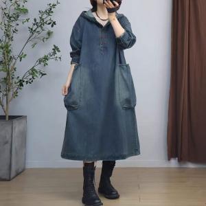 Big Pockets Large Size Denim Hooded Dress