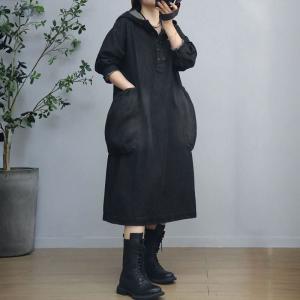 Big Pockets Large Size Denim Hooded Dress