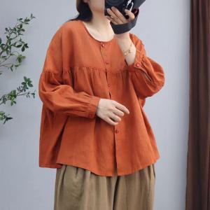 Button Down Puff Sleeves Linen Orange Blouse